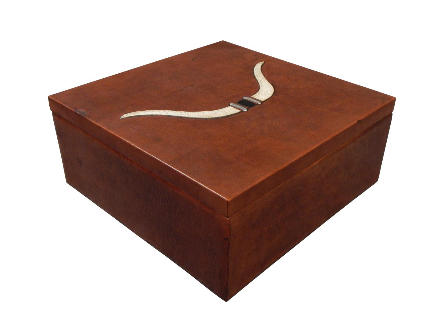 leather box with an antler bull horns design on high relief on the top